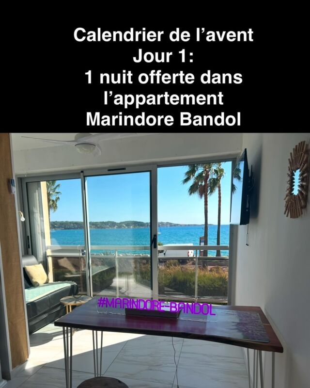 🎄✨ CALENDRIER DE L’AVENT - JOUR 1 ✨🎄
Bienvenue dans notre calendrier de l’avent magique ! 🏖️ Aujourd’hui, découvrez Marindore Bandol, un appartement avec une vue à couper le souffle sur la mer 🌊 et une ambiance parfaite pour se ressourcer.

🎁 Et si vous remportiez 1 nuit dans cet endroit de rêve ? 🎁
Pour participer au tirage au sort qui aura lieu le 24 décembre 2024, suivez ces étapes simples :
1️⃣ Aimez ce post ❤️
2️⃣ Suivez notre compte @MarindoreBandol (si ce n’est pas encore fait).
3️⃣ Partagez les publications quotidiennes dans votre story en taguant notre compte et en invitant vos amis 

🎄 Rendez-vous demain pour une nouvelle publication et plus de magie de Noël ! 🎄

📍 Marindore Bandol : L’escapade parfaite pour une pause douceur en Provence.

N’oubliez pas de mentionner dans la story : “Je participe pour gagner une nuit dans l’appartement Marindore Bandol avec une vue incroyable sur la mer !” 🌊